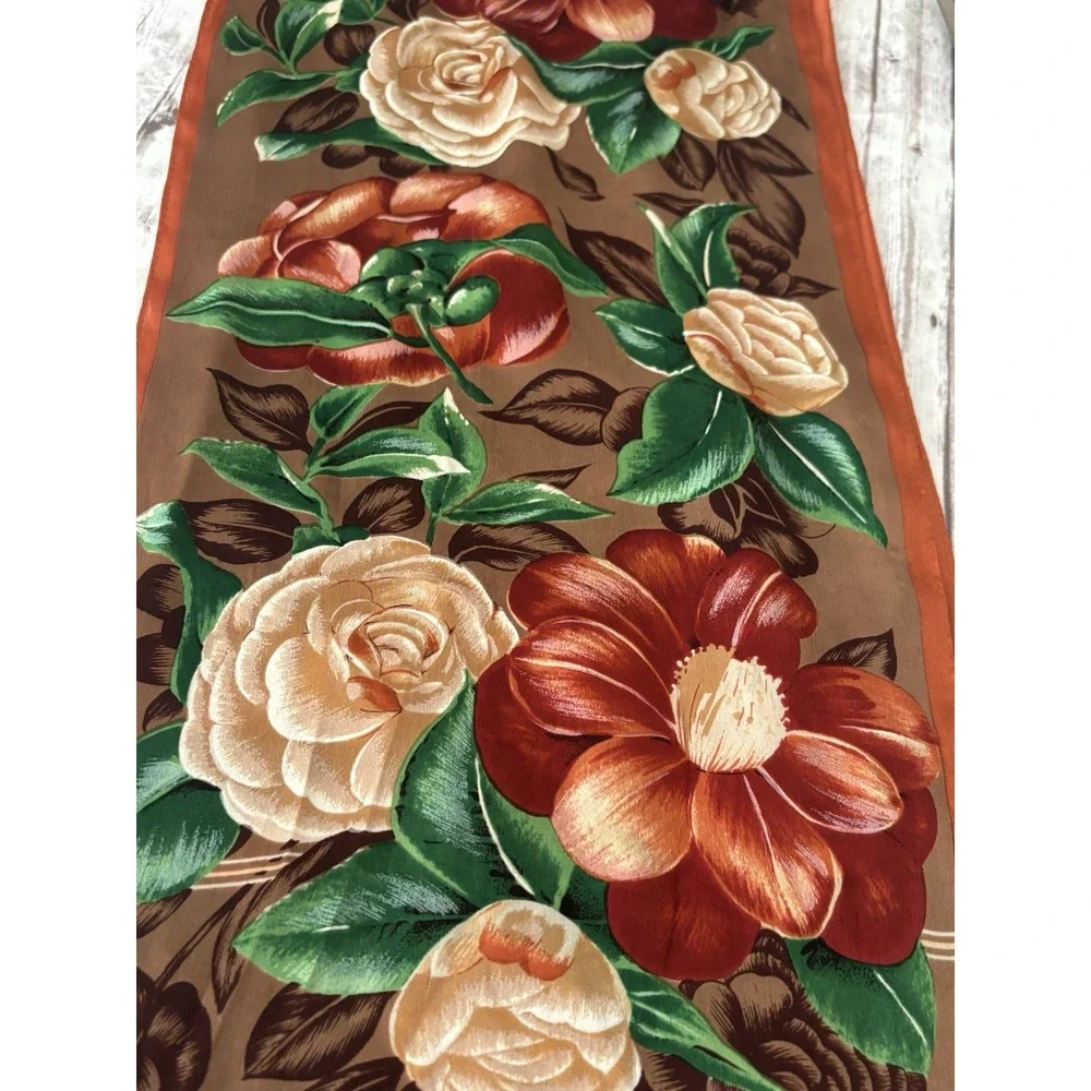 Vintage 90's Oscar De La Renta Silk Scarf Orange Brown Floral Long Rectangle